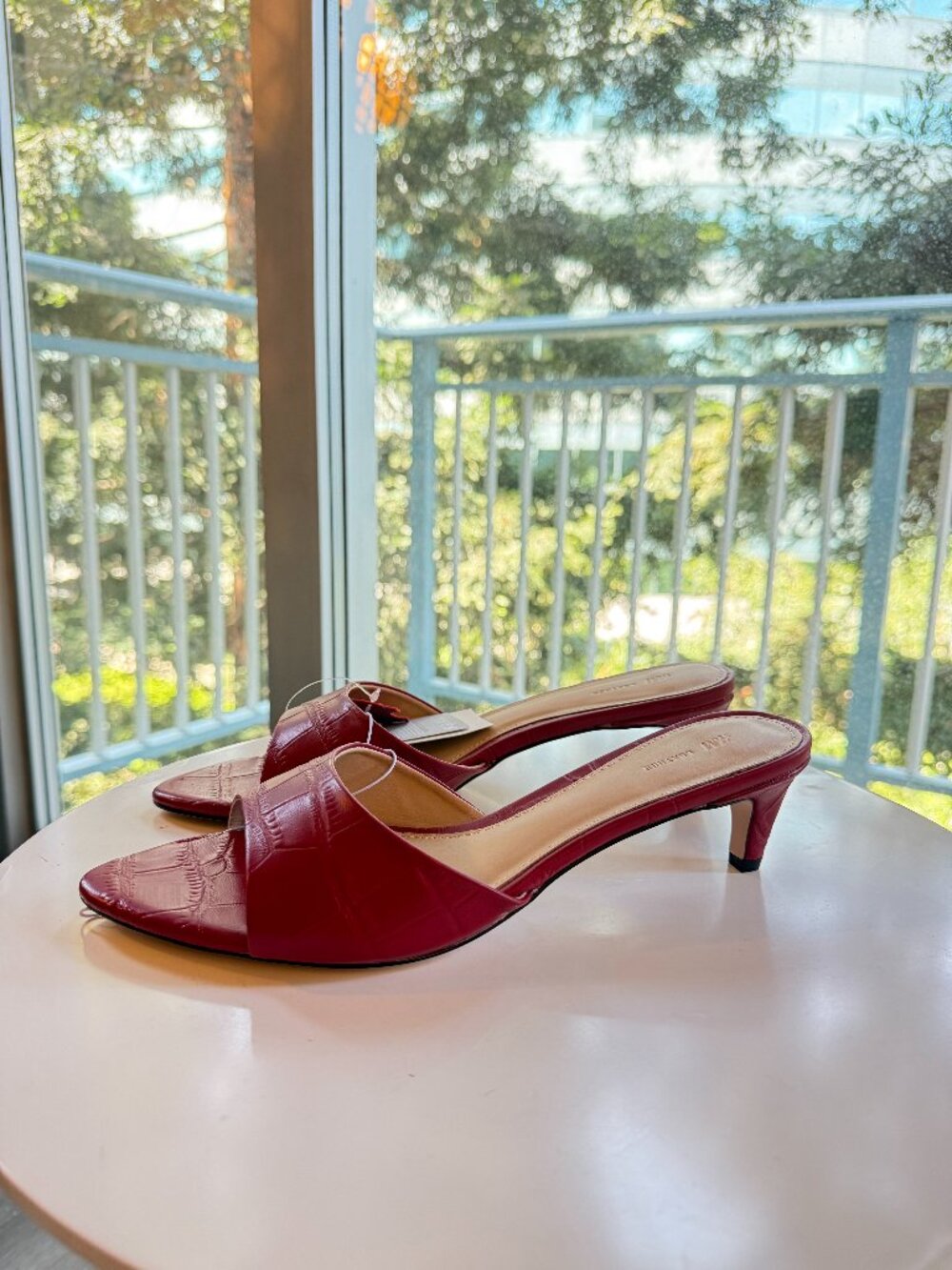 Croc-Texture Leather Sandals Red | Minimalist Statement Heel | NWT | Size 9